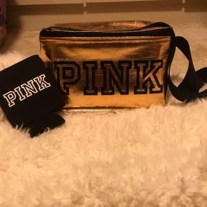 Pink victoria secret lunchbag and drink koozie